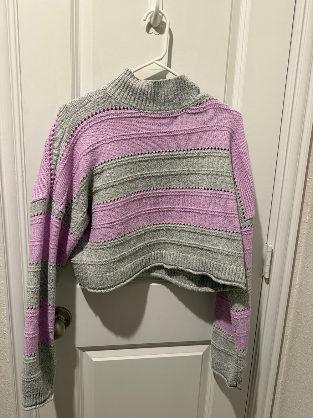 Cropped Striped Mock Neck Sweater in Gray & Lavender